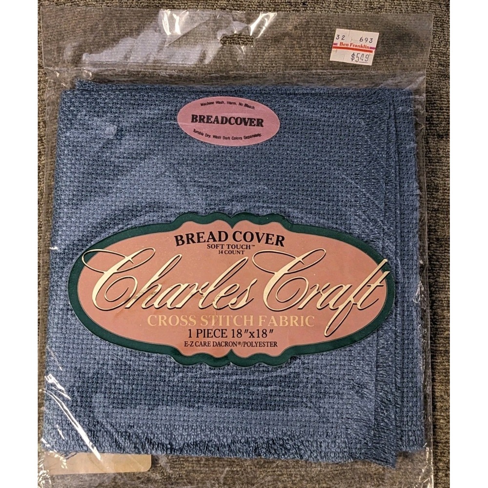 Vtg Charles Craft Bread Cover Blue Cross Stitch Fabric 14 Count 18" Soft Touch